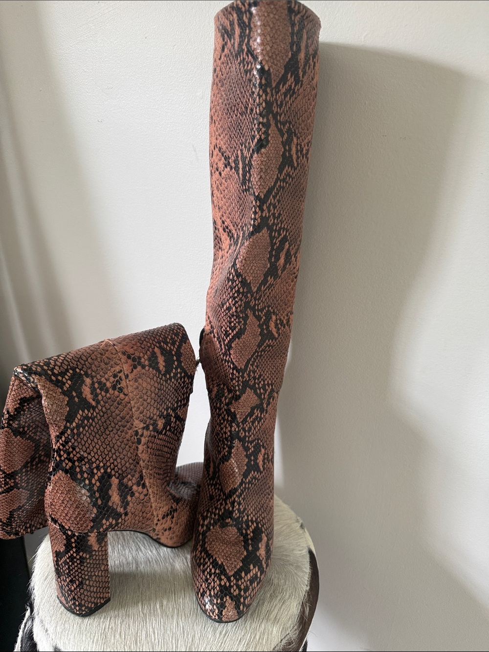 Twin-Set Pinkish Brown Snake-Print Knee-High Block Heel Boots